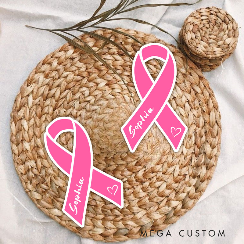 Personalized Pink Ribbon Sticker with Heart Accent for Breast Cancer Awareness and Supportive Style Stickers