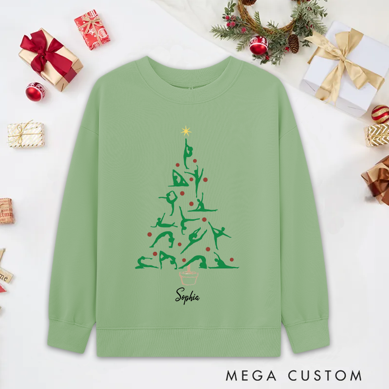 Personalized Christmas Yoga Classic Ugly Sweatshirts with Festive Tree and Yoga Poses Design Perfect for Yoga Lover and Holiday Gift