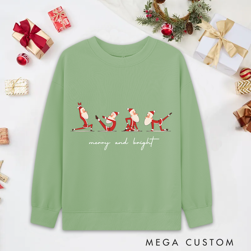 Personalized Christmas Yoga Classic Sweatshirts with Merry and Bright Santa Pose Design Christmas Yoga Sweatshirts Gift Perfect for Yoga Lover and Holiday