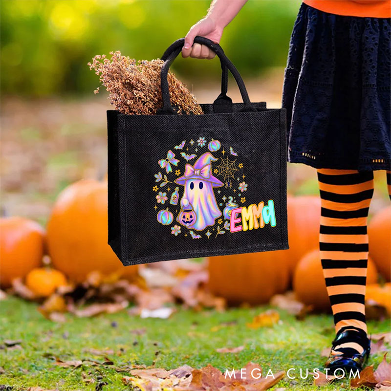 Personalized Laser Style Cartoon Bow Ghost Skull Bat Large Linen Tote Bag with Name Trick or Treat Halloween Party Gift for Kids