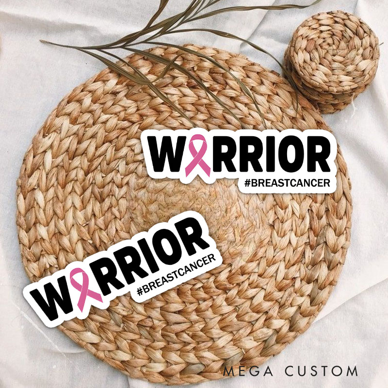 Personalized Warrior Pink Ribbon Sticker with Bold Text and Hashtag for Breast Cancer Fighter Spirit Stickers