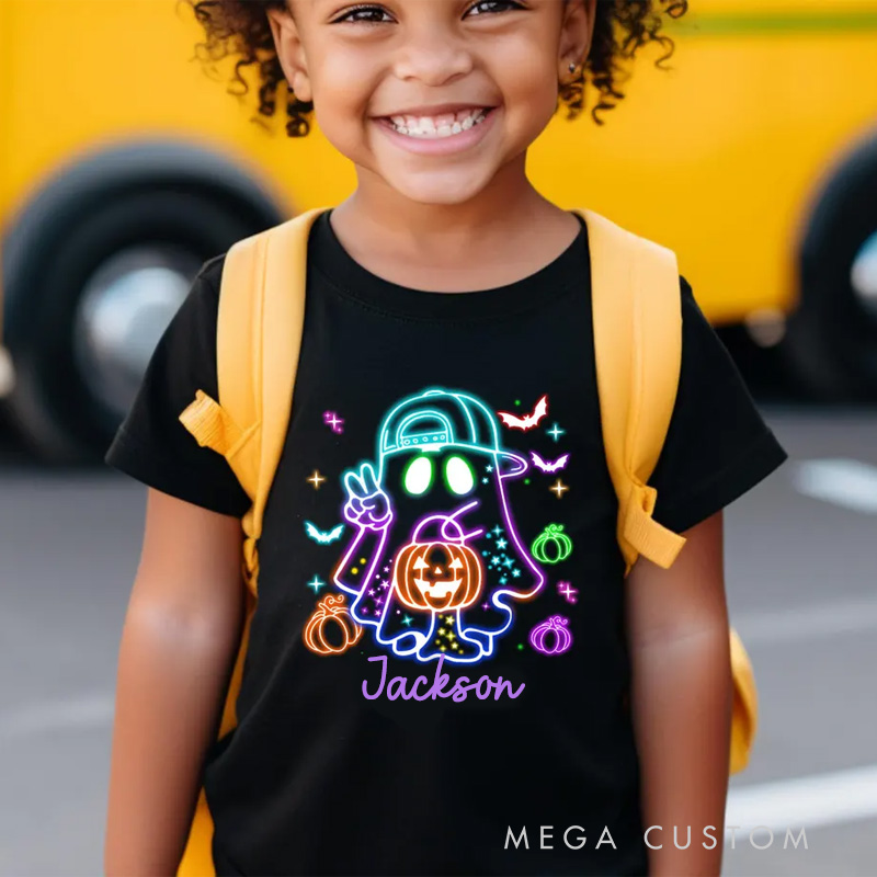 Personalized Kids Halloween Neon Shirt Cute Ghost Neon Halloween Ghost Shirt Funny Kids Gift