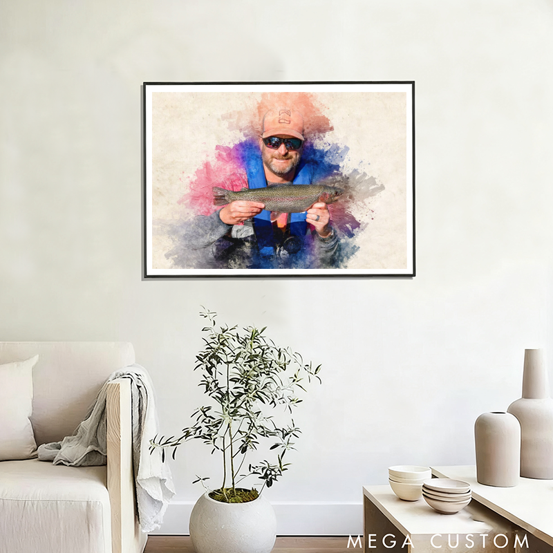 Personalized Digital Watercolor and Sketch Painting Fishing Photo Portrait From Photo Custom Vacation Photo Photo Gift for Fishing Lover