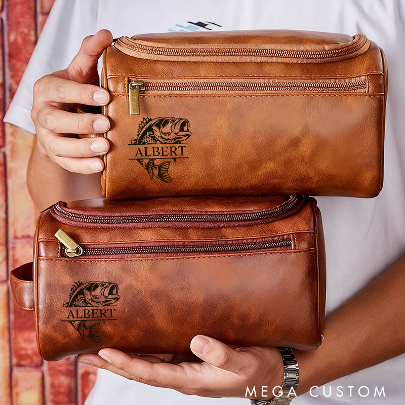 Personalized Fishing Gift Men Leather Travel Organizer Essential Wash Kit for Travel Fisherman Perfect Gift for Fishing Lover