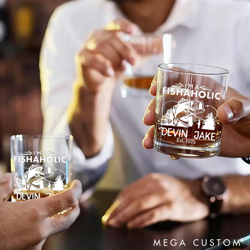 Personalized Fishing Whiskey Glass Unique Engraved Design with Fish and Forest Theme Wine Cocktail and Beer Etched Fish Glassware Fishing Lover Gift for Fishermen and Whiskey Lover