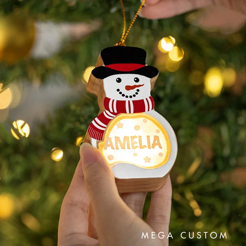 Personalized Cute Snowman LED Light Wooden Christmas Ornament with Name Christmas Tree Stocking Decor Winter Holiday Party Gift for Family Kids