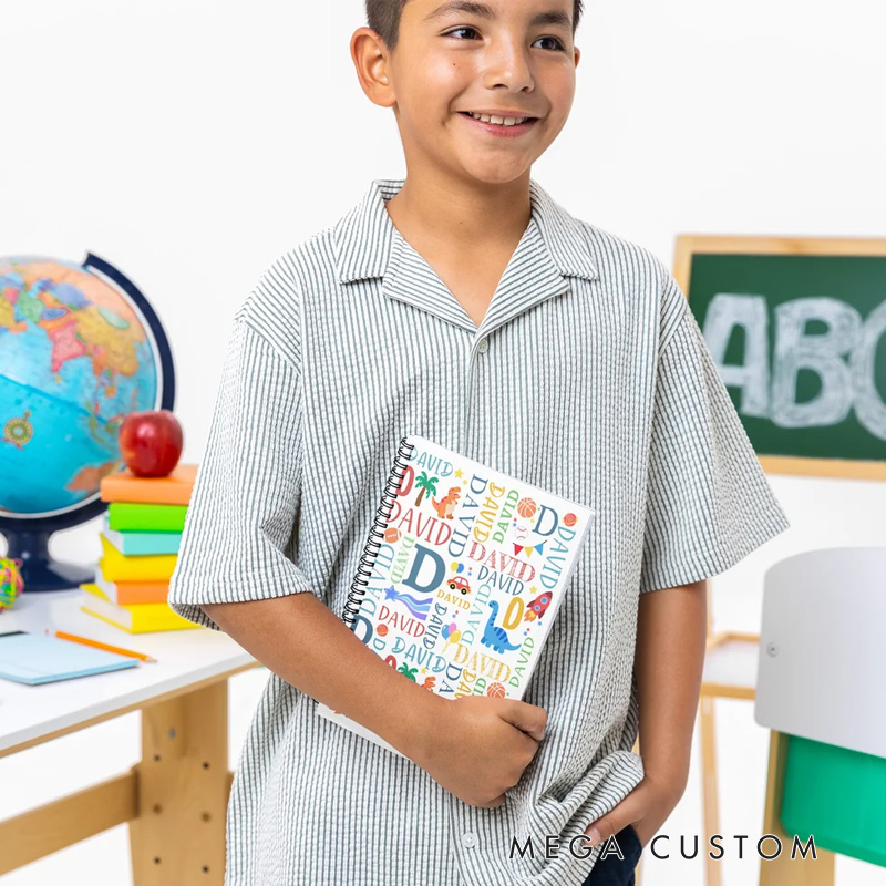 Personalized Fantasy Unicorn Dinosaur Name Cloud Spiral Notebook with Initial Back to School Birthday Gift for Kids