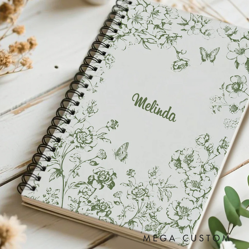 Personalized Toile De Jouy Floral Butterfly Hummingbird Spiral Notebook with Birthday Christmas Gift for Women Girls