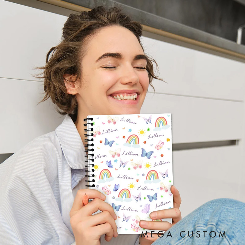 Personalized Colorful Butterfly Rainbow Spiral Notebook with Name Birthday Friendship Back To School Gift for Kids Friends