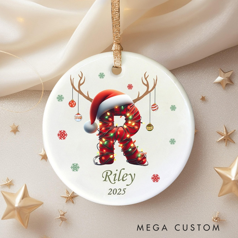 Personalized Initial Christmas Ornament with Reindeer Antlers and Name for a Fun Holiday Touch
