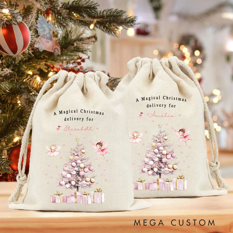 Personalized A Magical Christmas Delivery Pink Fairy Drawstring Bag with Name Christmas Gift for Girls