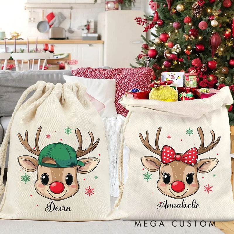 Personalized Reindeer Snowflake Sack Drawstring Treat Bag with Name Christmas Party Favor Gift for Kids Family