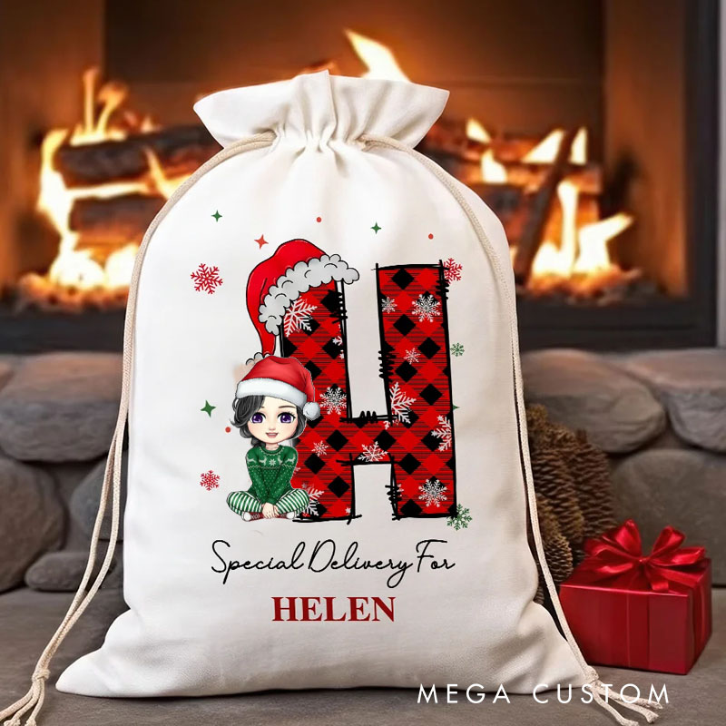 Personalized Christmas Cartoon Character Santa Hat Initial Drawstring Bag Christmas Party Gift for Family Girls