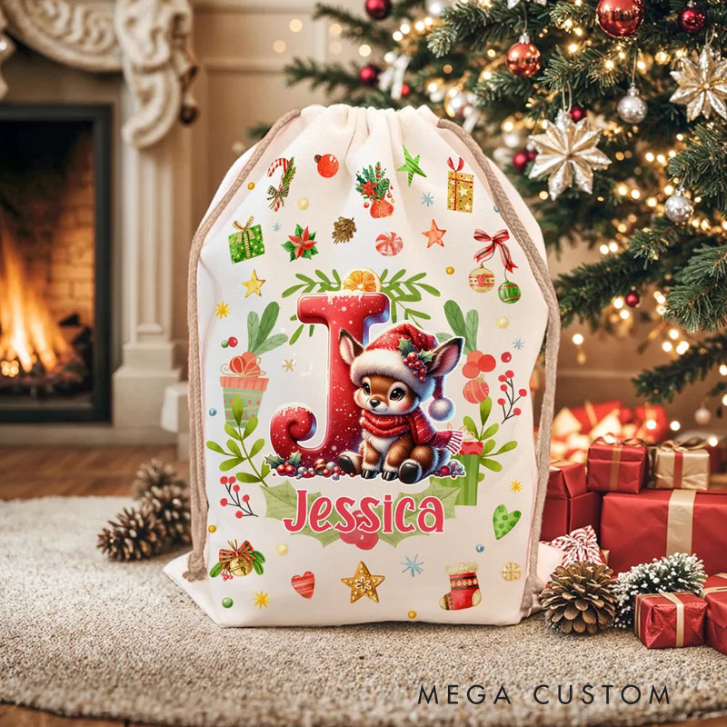 Personalized Snowman Reindeer Penguin Christmas Initial Drawstring Christmas Gift Bag with Name Christmas Eve Party Gift for Kids Family Friends