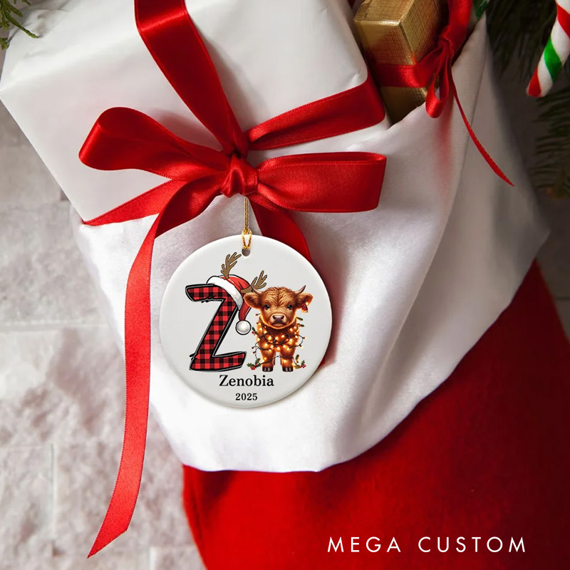 Personalized Highland Cow Christmas Initial Ceramic Ornament with Name and Year Home Decor Christmas Gift for Highland Cow Lover Family Friend