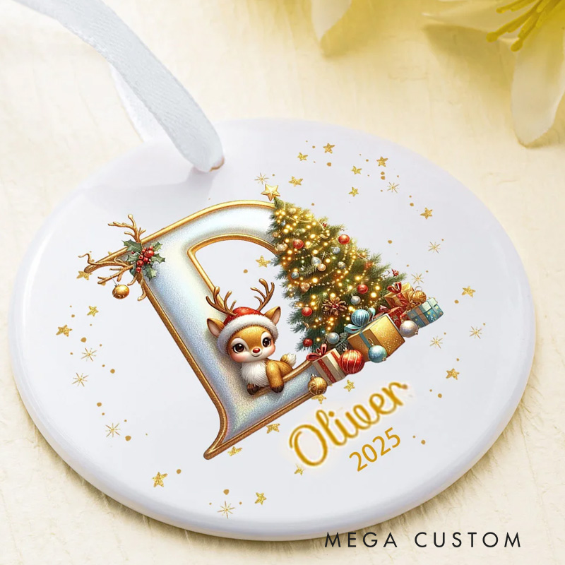 Personalized Reindeer Christmas Tree Initial Heart-shaped Ceramic Christmas Ornament with Name and Year Christmas Decor Gift for Family Friends