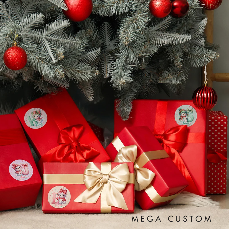 Personalized Cute Cartoon Bow Snowman Stickers Labels with Name and Initial Gift Decor Christmas Party Favors for Family Friend Kid