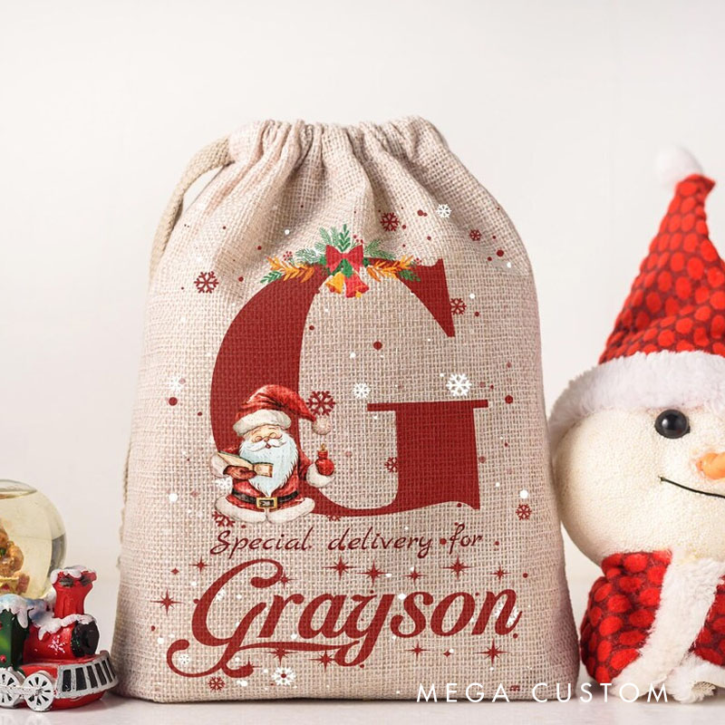 Personalized Santa Initial Christmas Bag with Festive Accents and Name for a Special Holiday Delivery