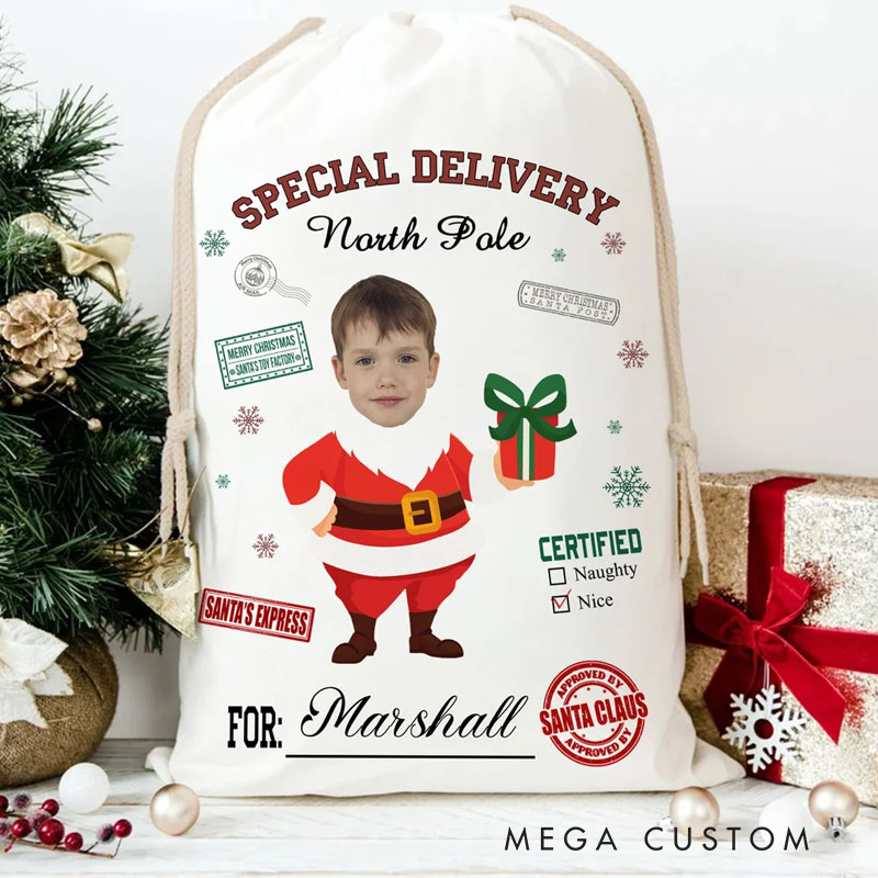 Personalized Special Delivery North Pole Santa Claus Canvas Drawstring Gift Bag with Name and Photo Christmas Gift for Friends Family