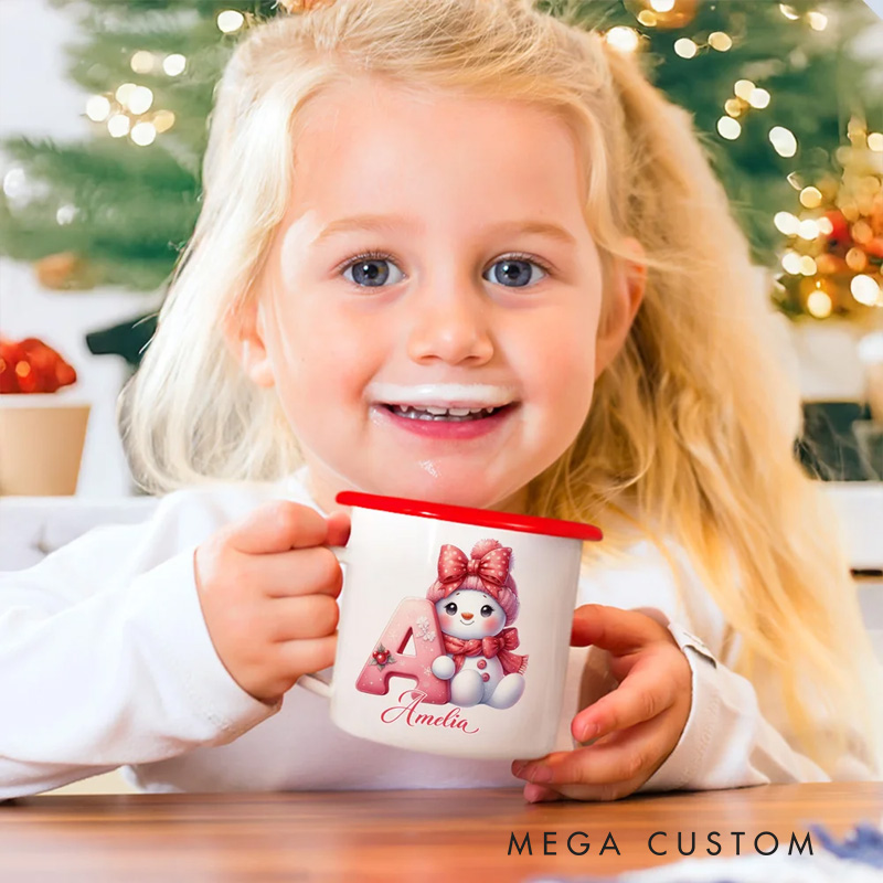 Personalized Cute Bow Snowman 12 oz Enamel Cup with Name and Initial Birthday Christmas Gift for Kids Family Friends