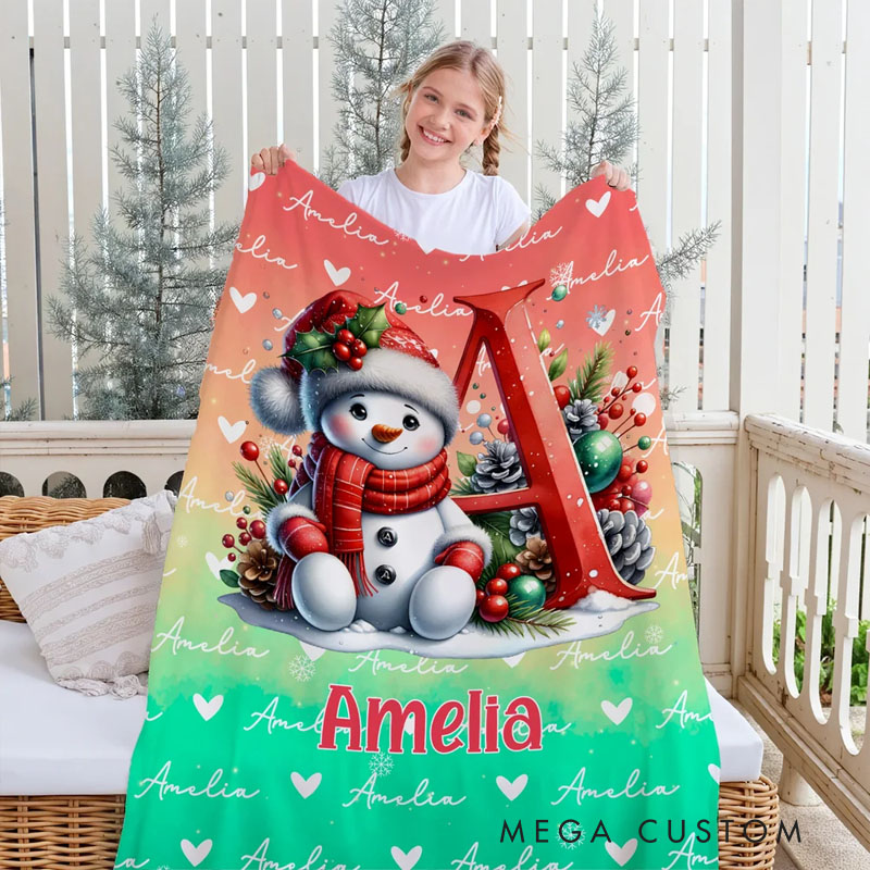 Personalized Santa Hat Snowman Penguin Initial Word Cloud Soft Throw Blanket with Name Home Decor Christmas Gift for Kids Family