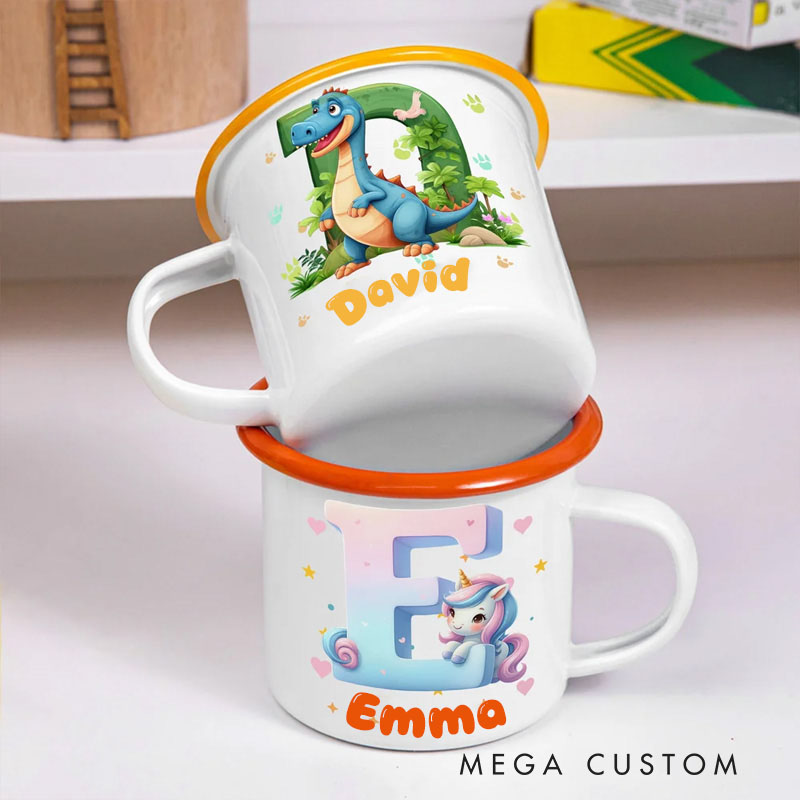 Personalized Fantasy Unicorn Dinosaur 12 oz Multicolor Rim Enamel Mug with Name and Initial Birthday Back to School Gift for Kids