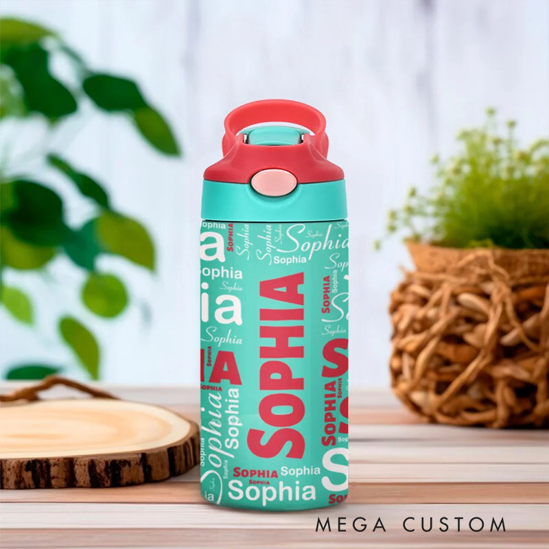 Personalized Colorful 12oz Name Water Bottle with Silicone Straw and Spill Proof Lid Children's Day Back to School Gift for Kids
