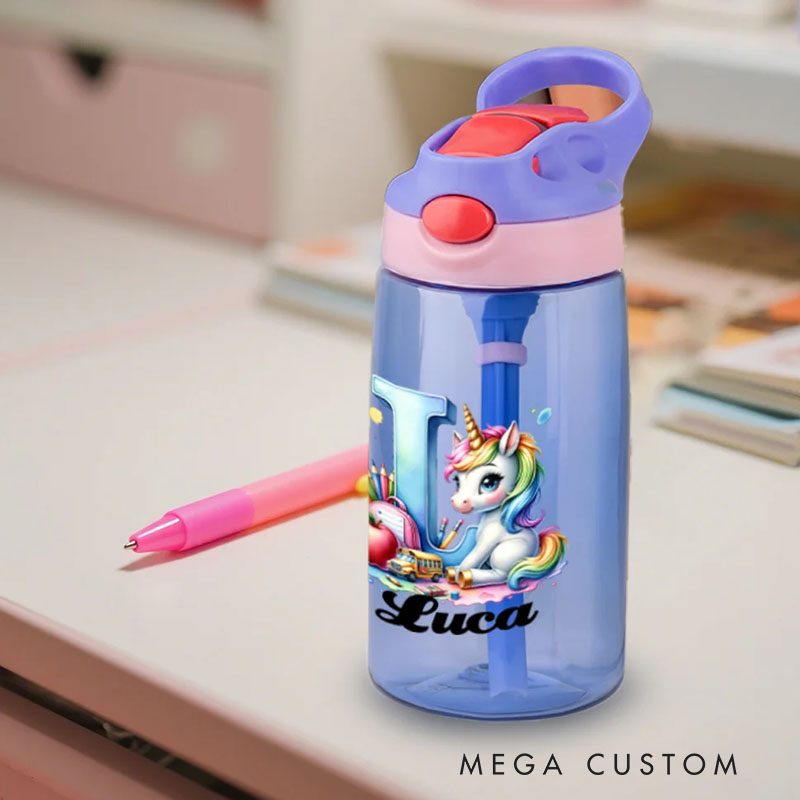 Personalized Watercolor Fantasy Unicorn Initial Apple 16 oz Water Bottle with Name Outdoor Supplies Back to School Birthday Gift for Kids