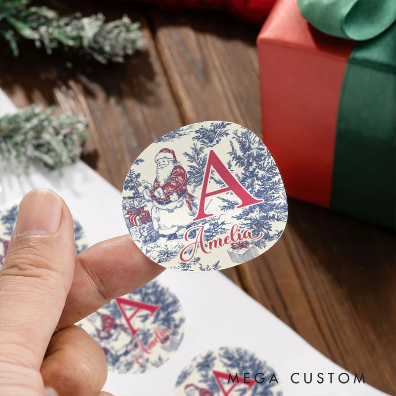 Personalized Toile De Jouy Style Santa Claus Waterproof Stickers with Name and Initial Christmas Festival Party Gift for Family Friends