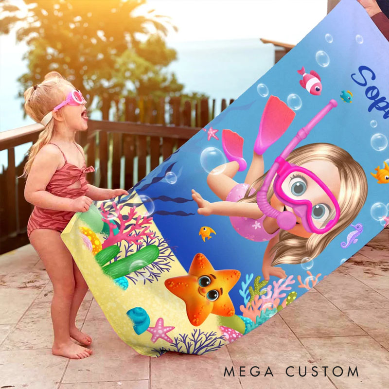 Personalized Cute 3D Diving Kid Sea Animal Quick Dry Soft Oversized Beach Towel with Name Summer Vacation Beach Party Birthday Gift for Boys Girls