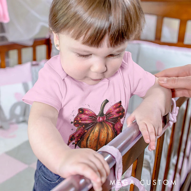 Personalized Pumpkin Bow Design 100% Cotton Baby Bodysuit with Name Halloween Baby Shower Gift for Baby Newborn