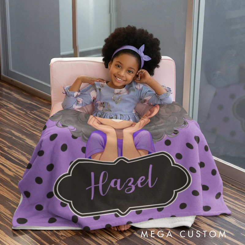 Personalized Polka Dots Cute Cartoon Little Girl Soft Throw Blanket with Name Home Decor Birthday Christmas Gift for African American Girl