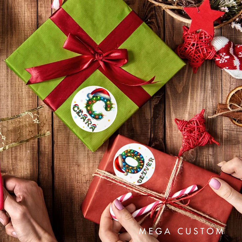 Personalized Santa Hat Color Lights Waterproof Sticker with Initial Name Gift Decoration Christmas Party Gift for Family Kids