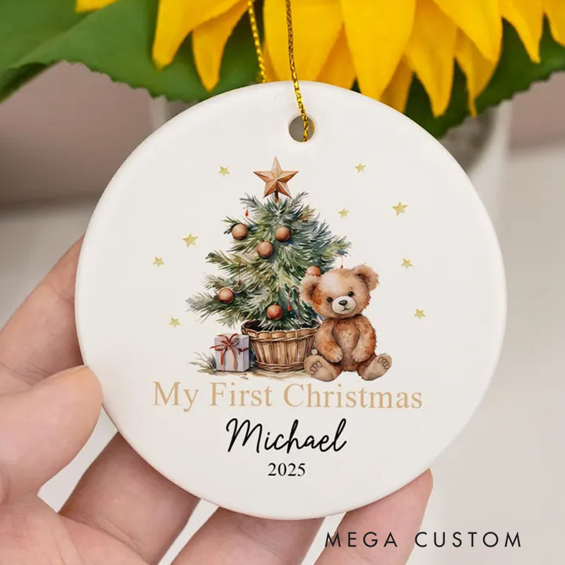 Personalized My First Christmas Ornament with Teddy Bear and Festive Tree Featuring Name and Year for Cherished Memories