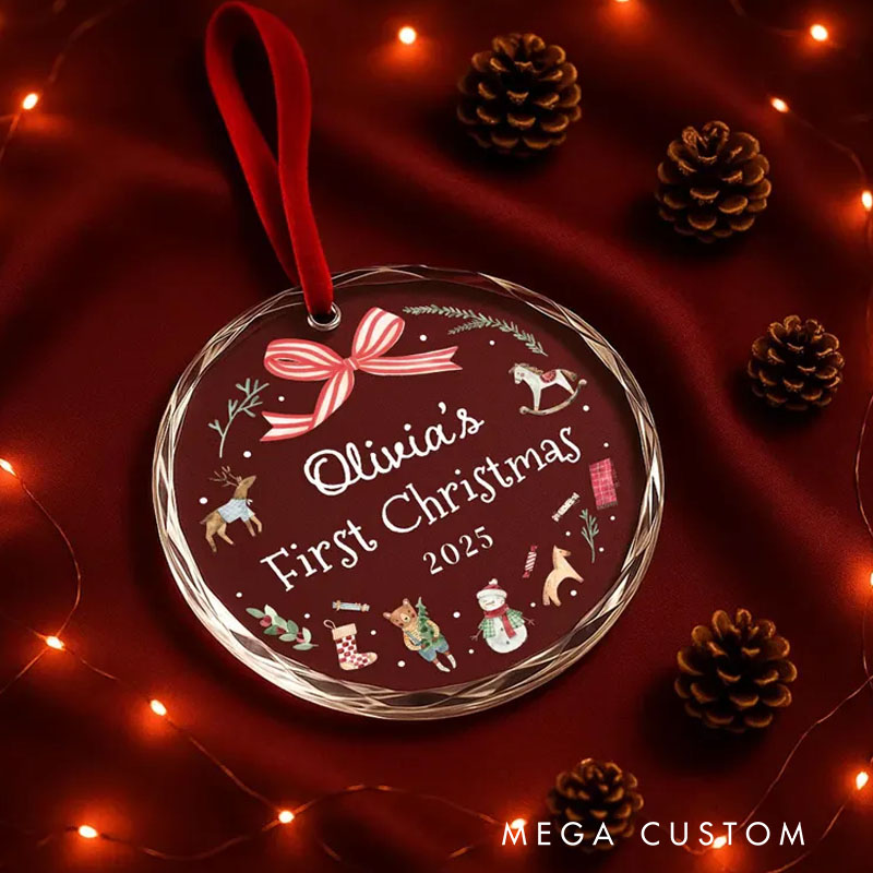 Personalized First Christmas Ornament with Festive Illustrations and Ribbon Featuring Name and Year for Holiday Joy