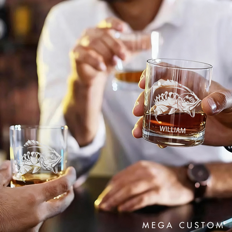 Personalized Sport Fishing Themed Whiskey Wine Cocktail and Beer Etched Fish Glassware Angler Fishermans Gift
