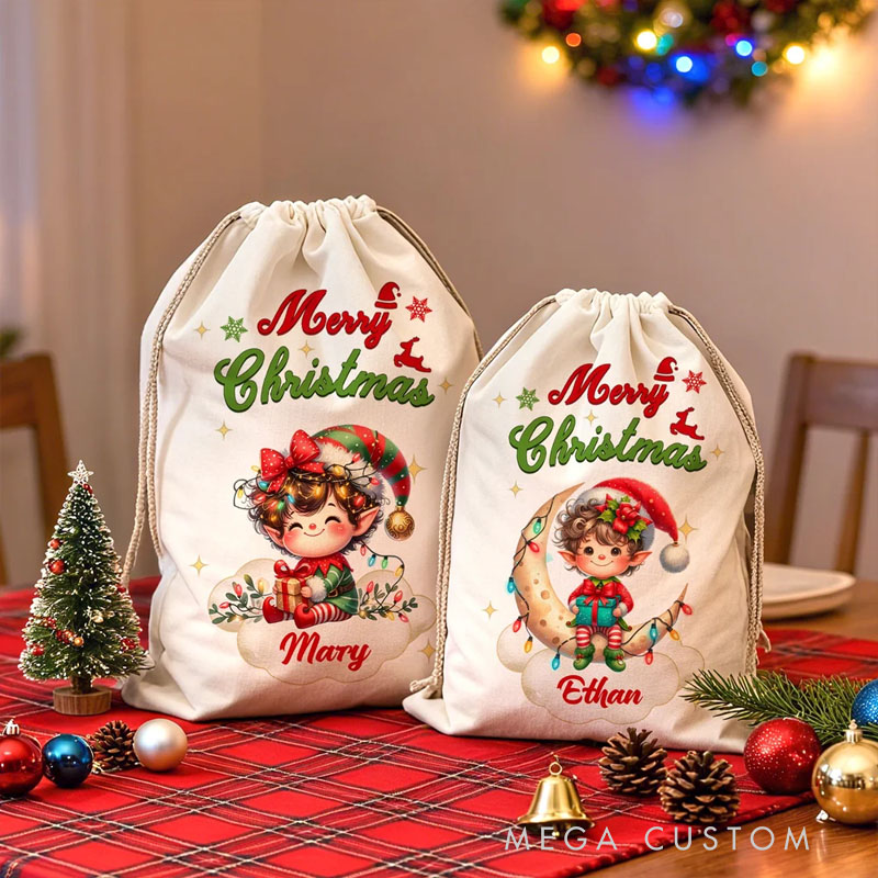Personalized Merry Christmas Cute Cartoon Elf Canvas Drawstring Gift Bag with Name Christmas Party Favors for Kids Family