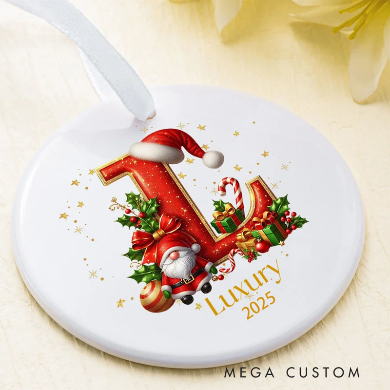 Personalized Candy Cane Santa Holly Initial Ceramic Christmas Ornament with Name and Year Holiday Tree Decor Gift for Kids Family