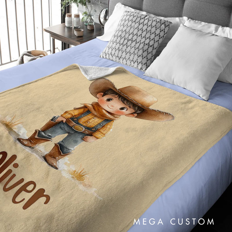 Personalized Cartoon Cowboy Cowgirl Soft Throw Blanket with Name Home Decor Birthday Gift for Kids Cowboy Lovers