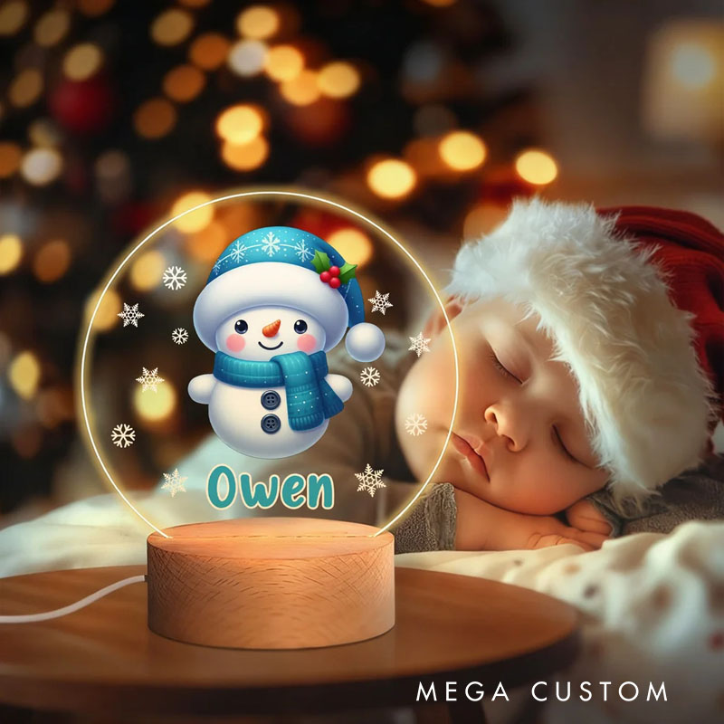 Personalized Snowflake Cute Snowman Christmas LED Night Light with Name and Wooden Base Christmas Gift for Kids