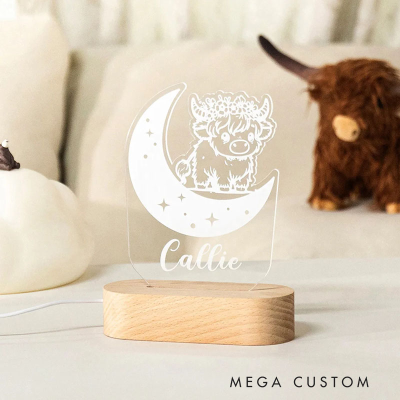 Personalized Cute Highland Cow with Moon Acrylic LED Night Light with Wooden Base Home Decor Baby Shower Gift for Boys Girls