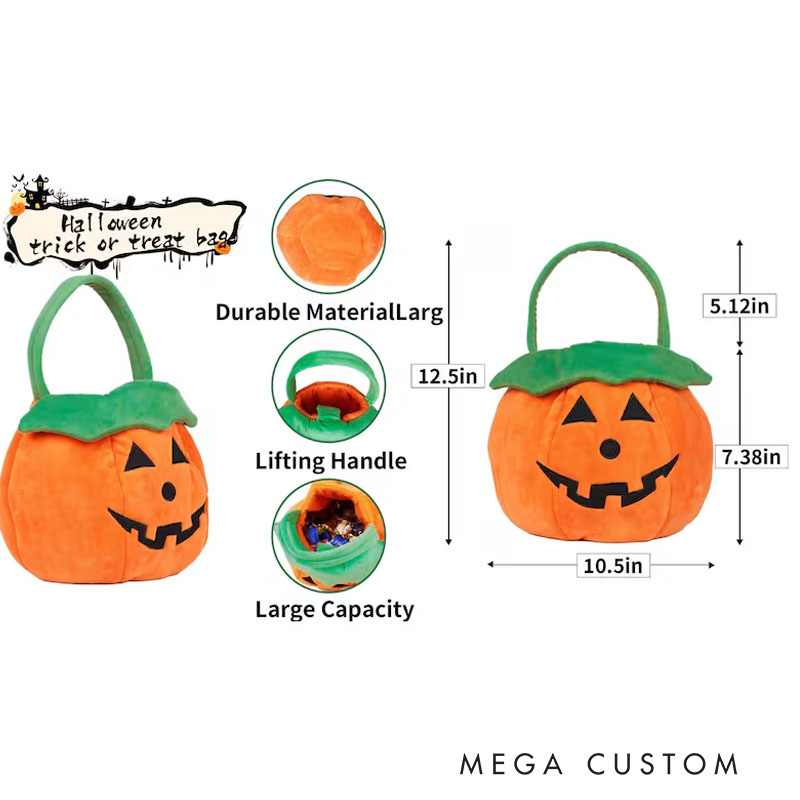Personalized Embroidered Pumpkin Halloween Treat Basket with Green Handle for Fun Trick or Treat Adventures