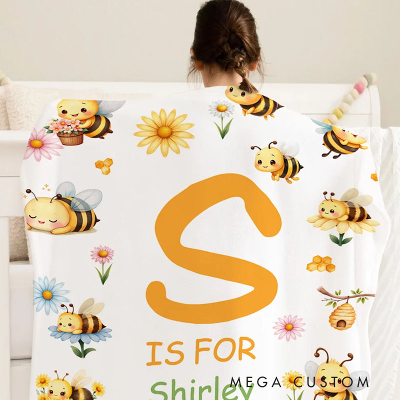 Personalized Cute Bee Flower Soft Throw Blanket with Name and Initial Nursery Decor Baby Shower Birthday Gift for Newborn Baby