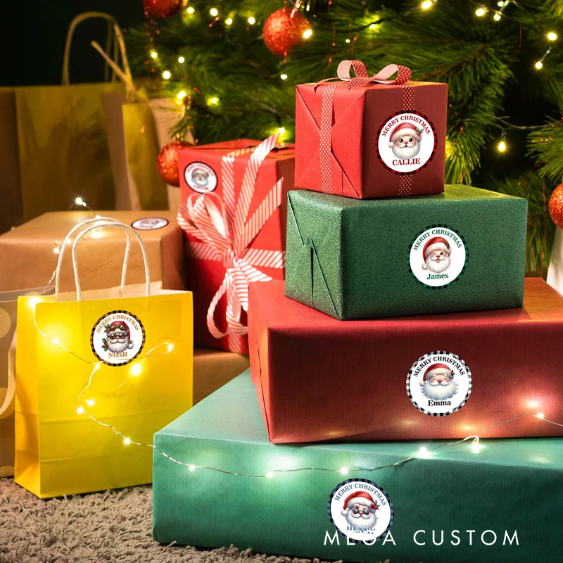 Personalized Merry Christmas Santa Claus Waterproof Stickers with Name Christmas Party Favors for Kids Family Friends
