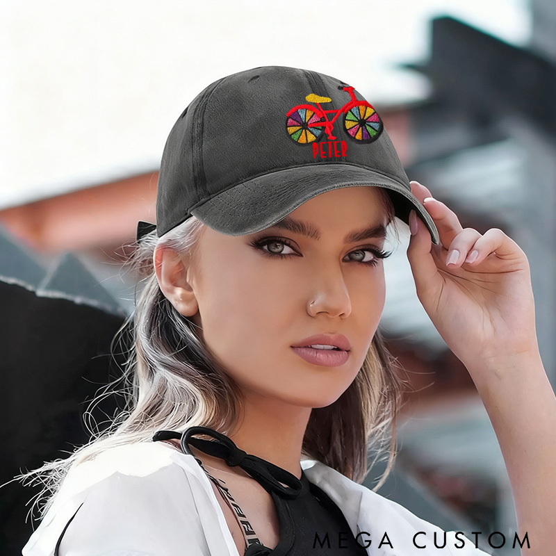 Personalized Rainbow Bicycle Embroidered Hat Colorful Bike Dad Cap Adjustable Black Baseball Cap