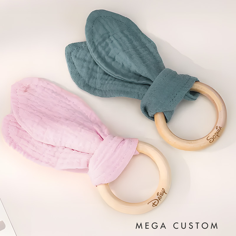 Personalized Whimsical Script Name Engraved Wooden Toy for Baby Playful and Sweet Bunny Ear Baby Rattle Gift for New Baby