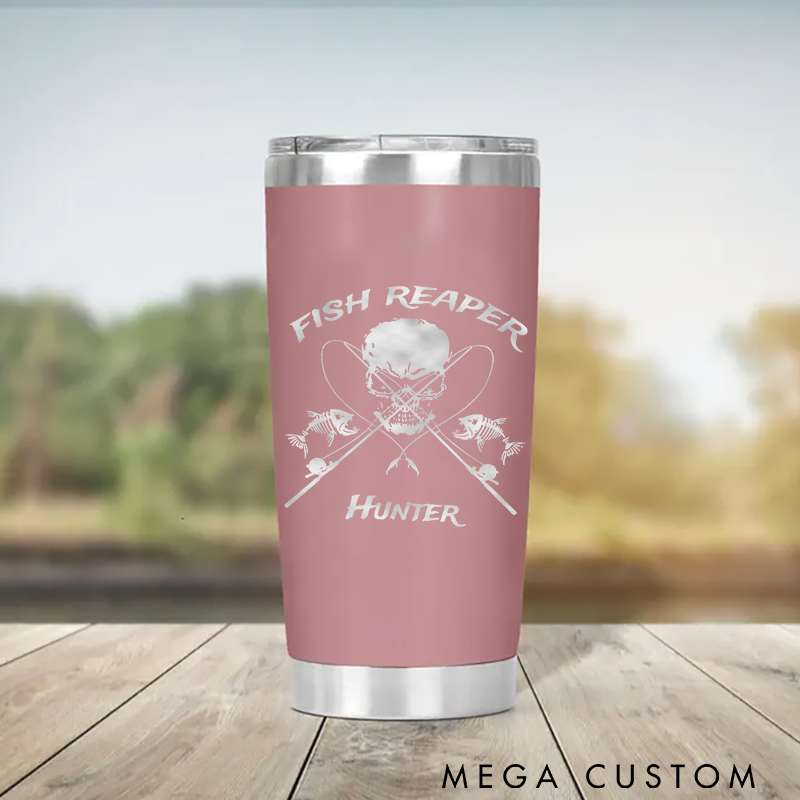 Personalized Fish Reaper Tumbler Stainless Steel Insulated Cup for Fishing Enthusiasts Durable Design Keeps Drinks Hot or Cold Perfect Outdoor Gift