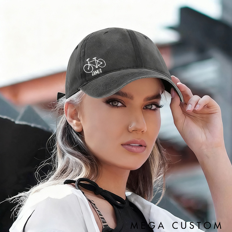 Personalized Embroidered Bicycle Hat Distressed Baseball Cap Small Road Bike In Corner