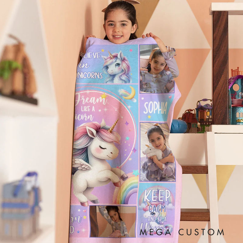 Personalized Fantasy Unicorn Photo Collage Soft Throw Blanket with Name Sofa Decor Baby Shower Birthday Gift for Baby Girls