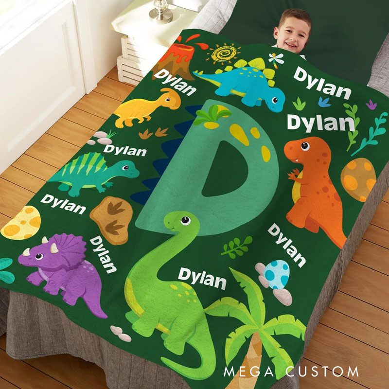Personalized Cute Dinosaur Soft Throw Blanket with Name and Initial Room Decor Birthday Gift for Boys Girls
